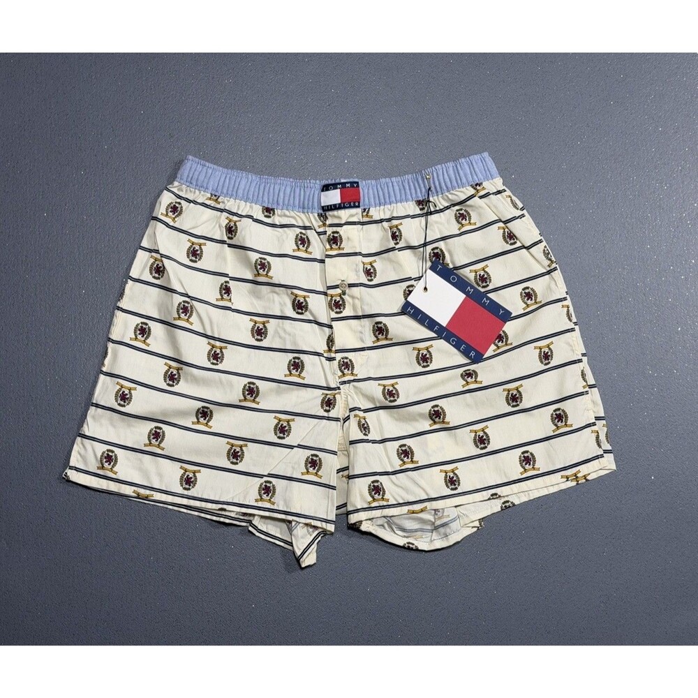 NWT Vtg 90s Tommy Hilfiger Crest Boxers Large Cream Stripe Cotton Lounge Shorts